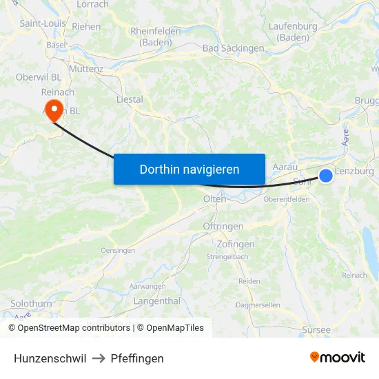 Hunzenschwil to Pfeffingen map