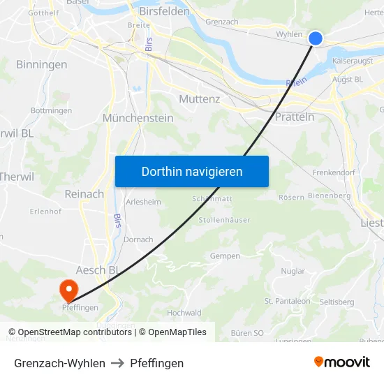 Grenzach-Wyhlen to Pfeffingen map