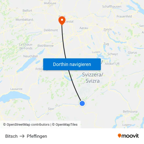 Bitsch to Pfeffingen map