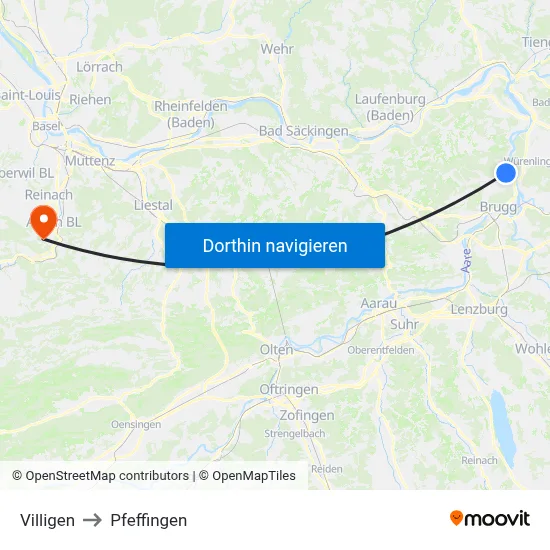Villigen to Pfeffingen map