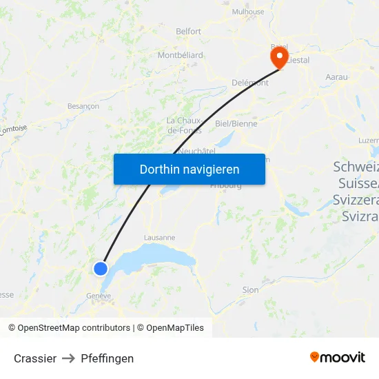 Crassier to Pfeffingen map