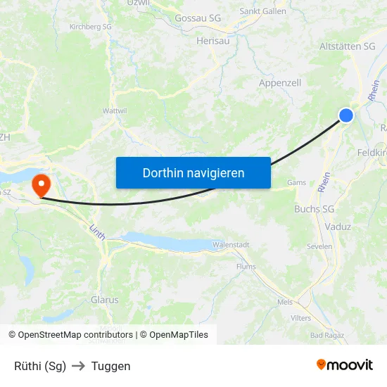 Rüthi (Sg) to Tuggen map