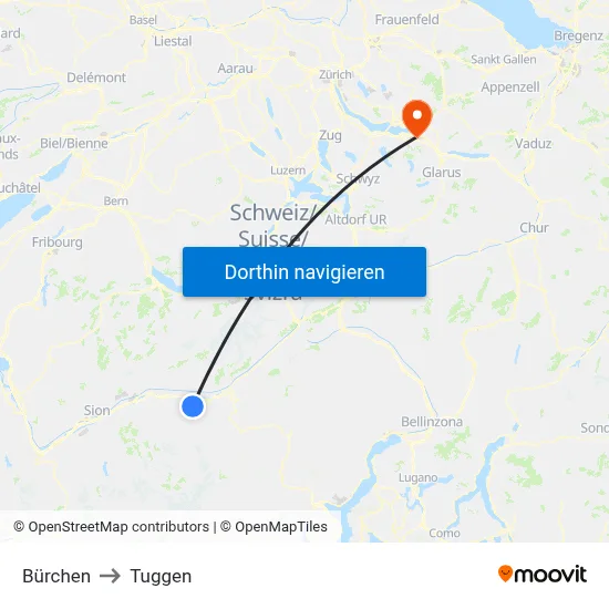 Bürchen to Tuggen map