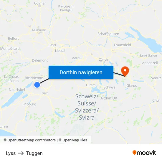 Lyss to Tuggen map