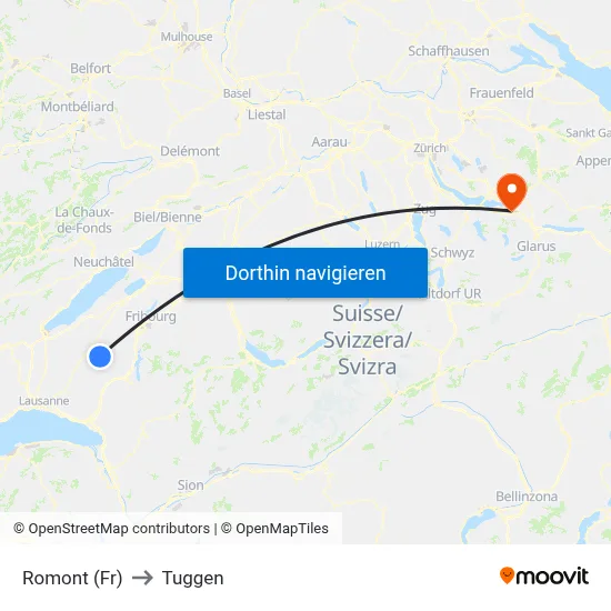 Romont (Fr) to Tuggen map