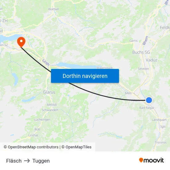 Fläsch to Tuggen map