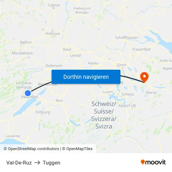 Val-De-Ruz to Tuggen map
