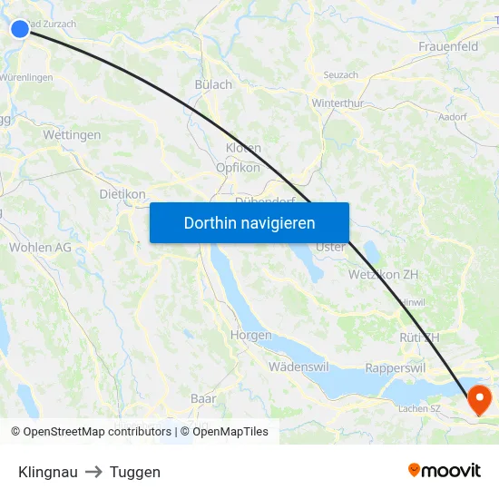 Klingnau to Tuggen map