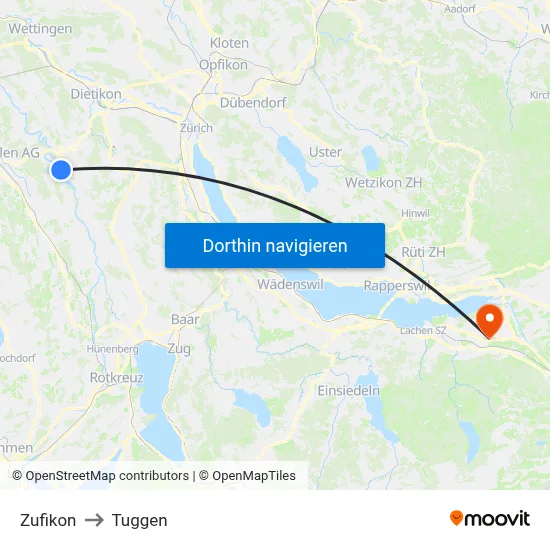 Zufikon to Tuggen map