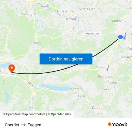 Oberriet to Tuggen map