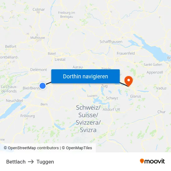 Bettlach to Tuggen map