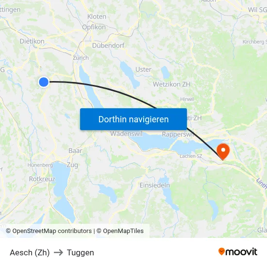 Aesch (Zh) to Tuggen map