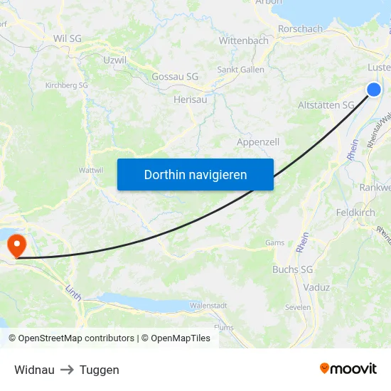 Widnau to Tuggen map