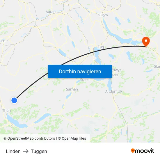 Linden to Tuggen map