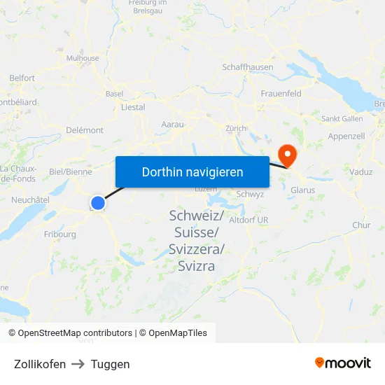 Zollikofen to Tuggen map