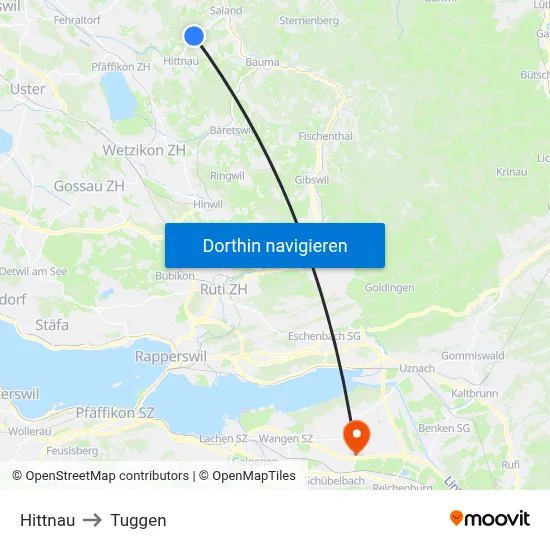 Hittnau to Tuggen map