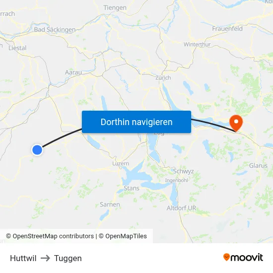 Huttwil to Tuggen map