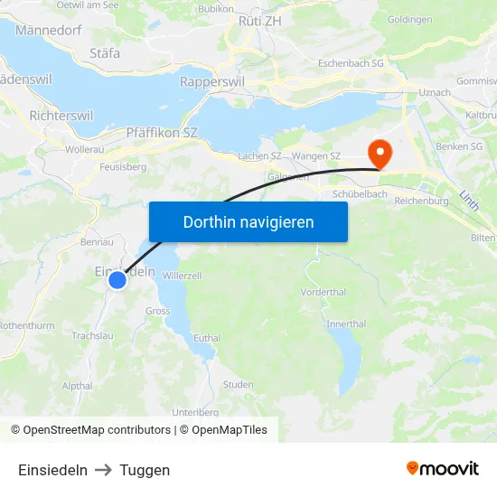 Einsiedeln to Tuggen map
