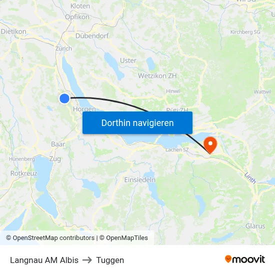 Langnau AM Albis to Tuggen map