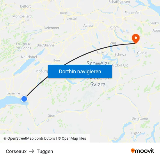 Corseaux to Tuggen map
