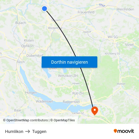 Humlikon to Tuggen map