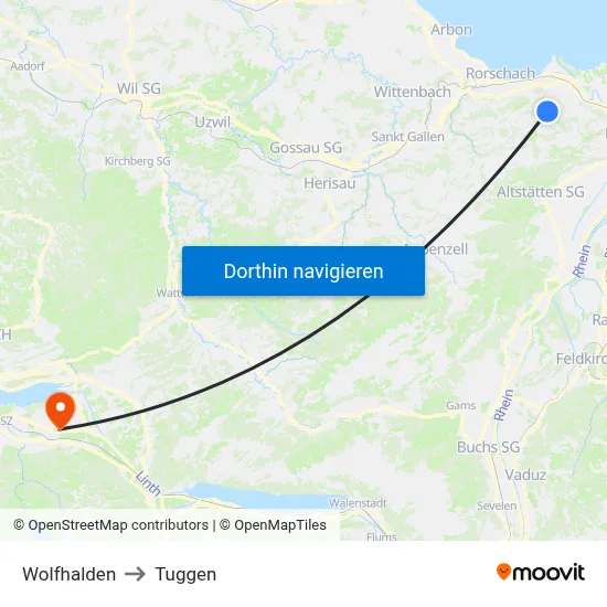 Wolfhalden to Tuggen map