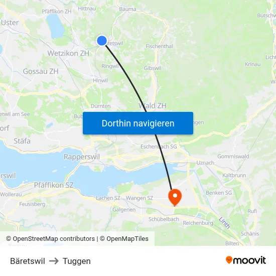 Bäretswil to Tuggen map
