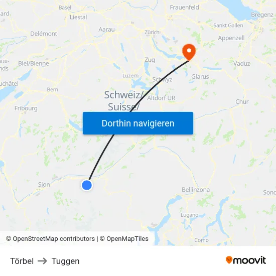 Törbel to Tuggen map