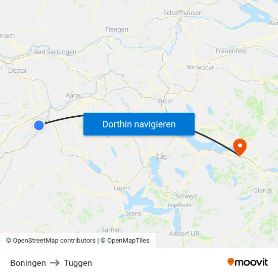 Boningen to Tuggen map