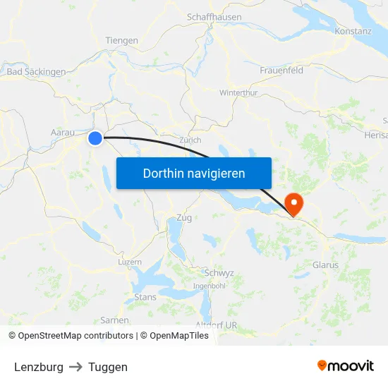 Lenzburg to Tuggen map