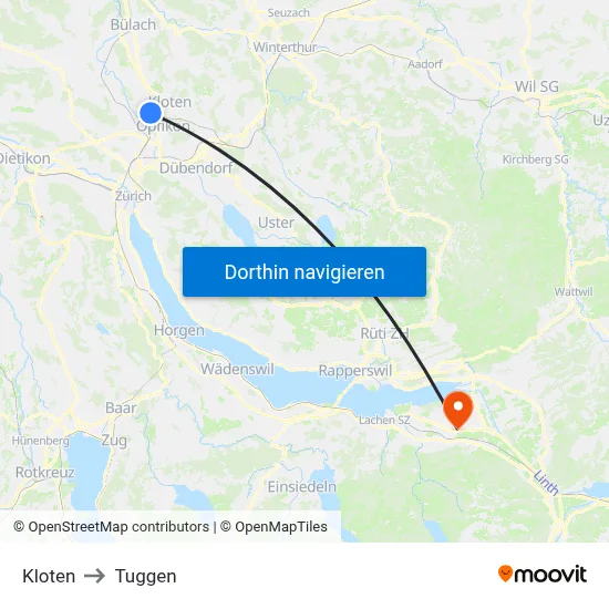 Kloten to Tuggen map