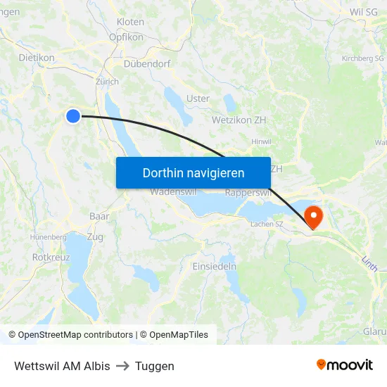 Wettswil AM Albis to Tuggen map