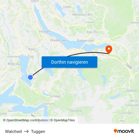 Walchwil to Tuggen map