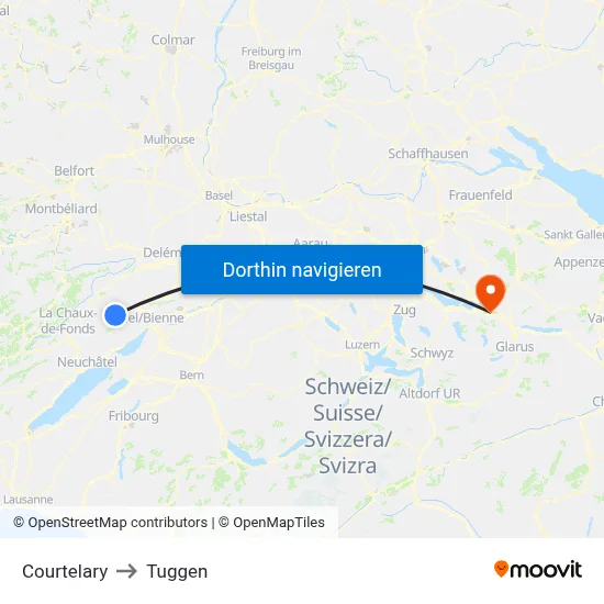 Courtelary to Tuggen map