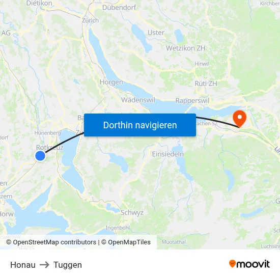 Honau to Tuggen map
