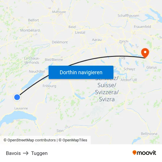 Bavois to Tuggen map