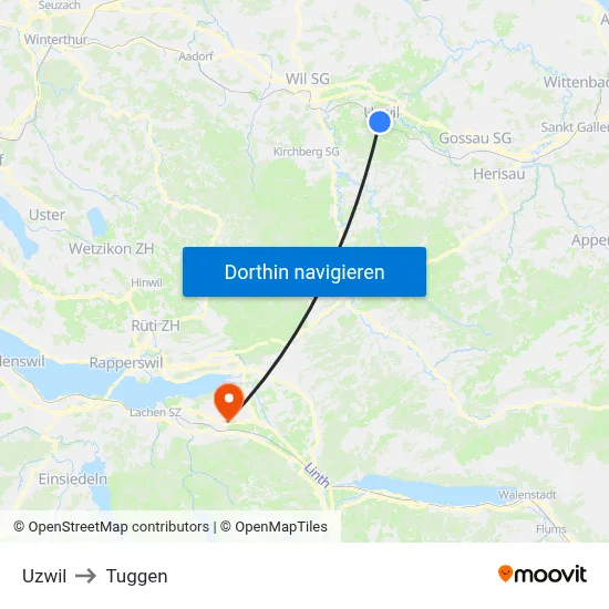Uzwil to Tuggen map