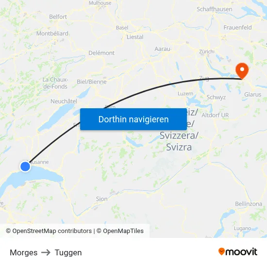 Morges to Tuggen map