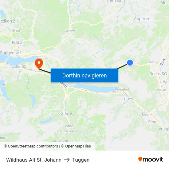 Wildhaus-Alt St. Johann to Tuggen map