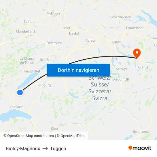 Bioley-Magnoux to Tuggen map