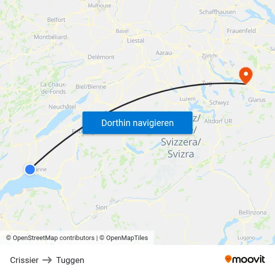Crissier to Tuggen map
