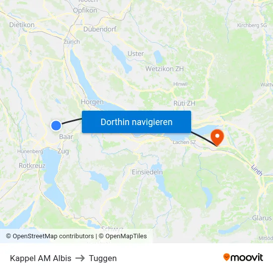 Kappel AM Albis to Tuggen map