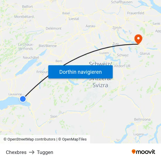 Chexbres to Tuggen map