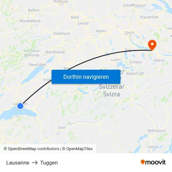 Lausanne to Tuggen map