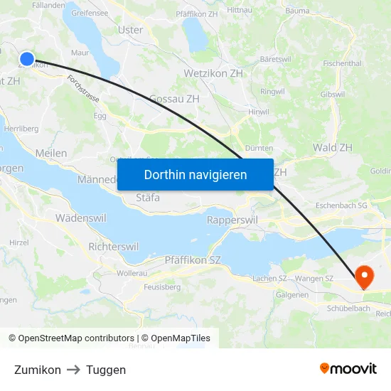 Zumikon to Tuggen map