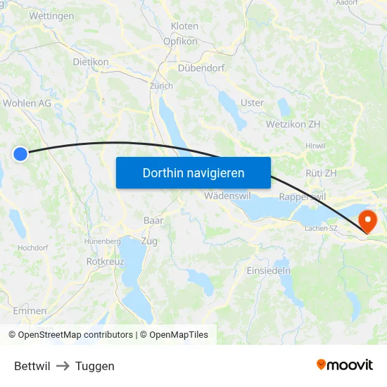 Bettwil to Tuggen map