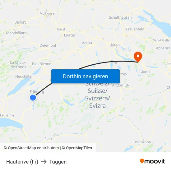 Hauterive (Fr) to Tuggen map