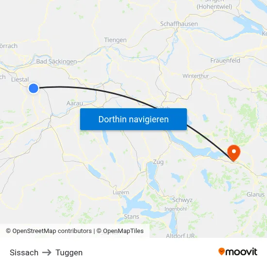 Sissach to Tuggen map
