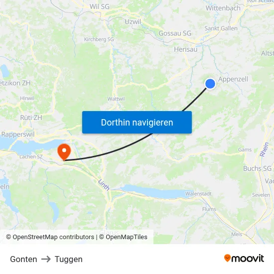 Gonten to Tuggen map