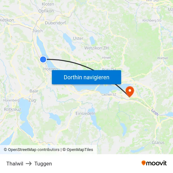 Thalwil to Tuggen map